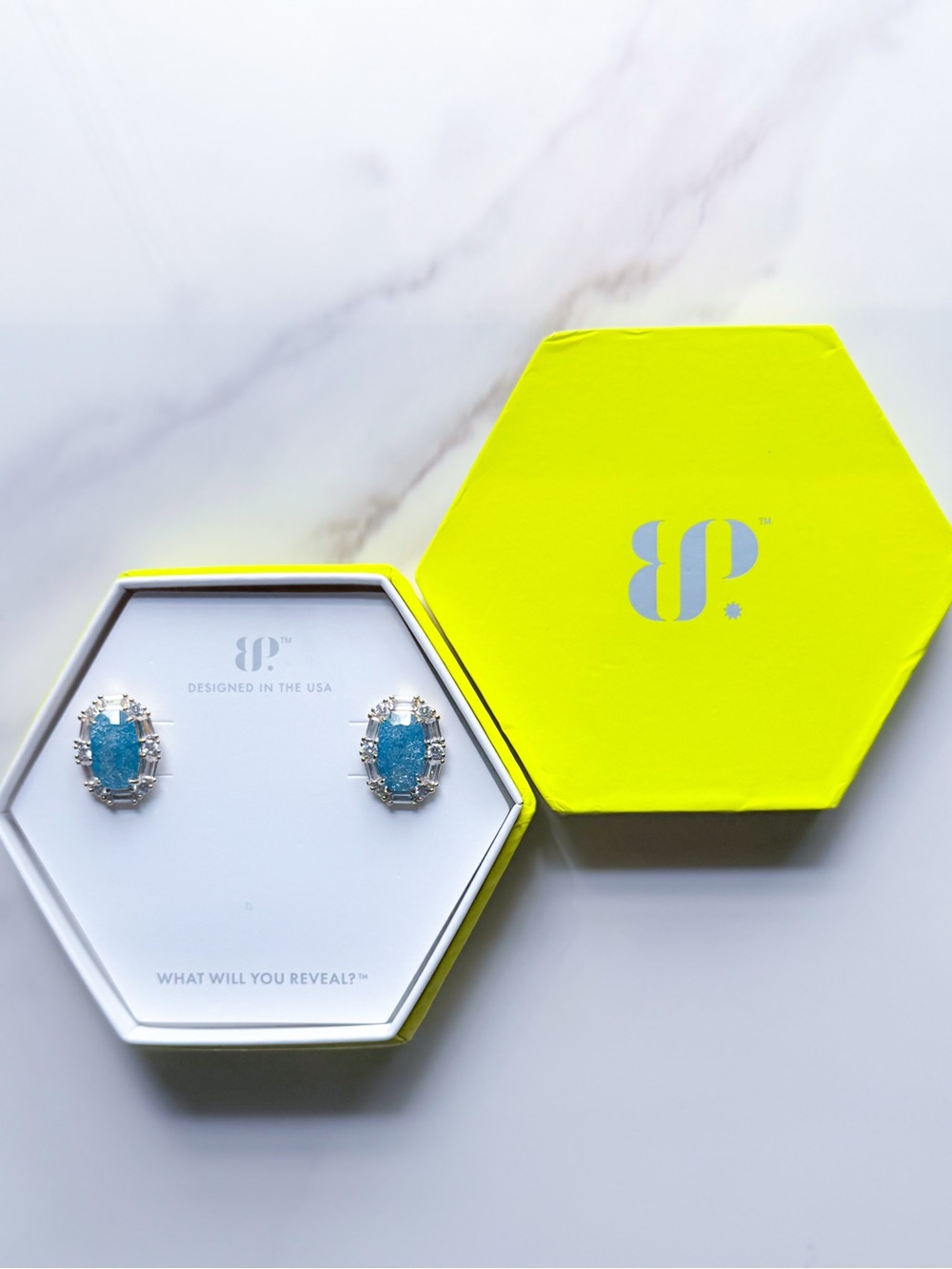 Bomb Party Gilded Vows & Dreams London Blue Sapphire Ice Crystal Earrings NWT